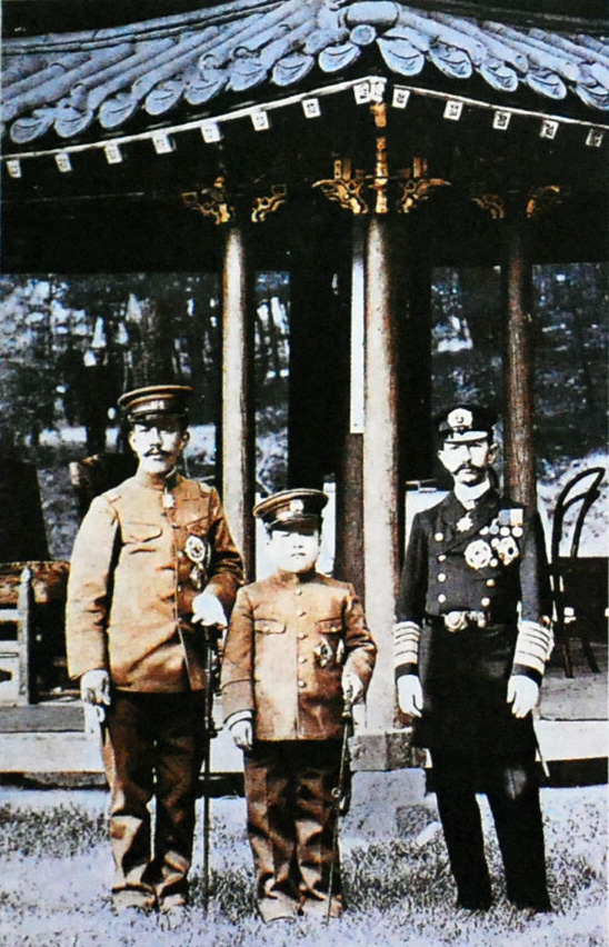 Emperor Sunjong of Korea, Prince Imperial Yeong of Korea, and Crown Prince Yoshihito (future Emperor Taisho) of Japan in Korea, 1907