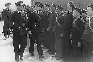 King George VI of the United Kingdom inspecting the crew of Norwegian destroyer Draug, Portsmouth, England, United Kingdom, May 1940