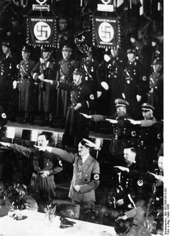 Chancellor Adolf Hitler and Gauleiter of East Prussia Erich Koch at a rally in Königsberg, Germany, 19 Mar 1936