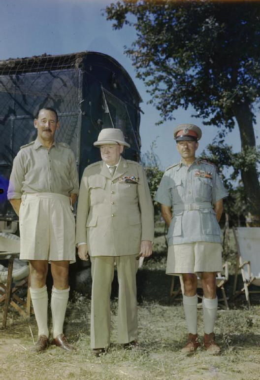 Oliver Leese, Winston Churchill, and Harold Alexander at Leese's headquarters near Monte Maggio, Italy, 26 Aug 1944, photo 4 of 4