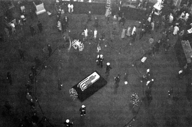 Douglas MacArthur's casket at the rotunda of the Capitol building, Washington DC, United States, 8-9 Apr 1964