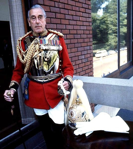 Earl Louis Mountbatten in the uniform of a colonel of the British Household Cavalry, at Knightsbridge Barracks, London, England, United Kingdom, date unknown