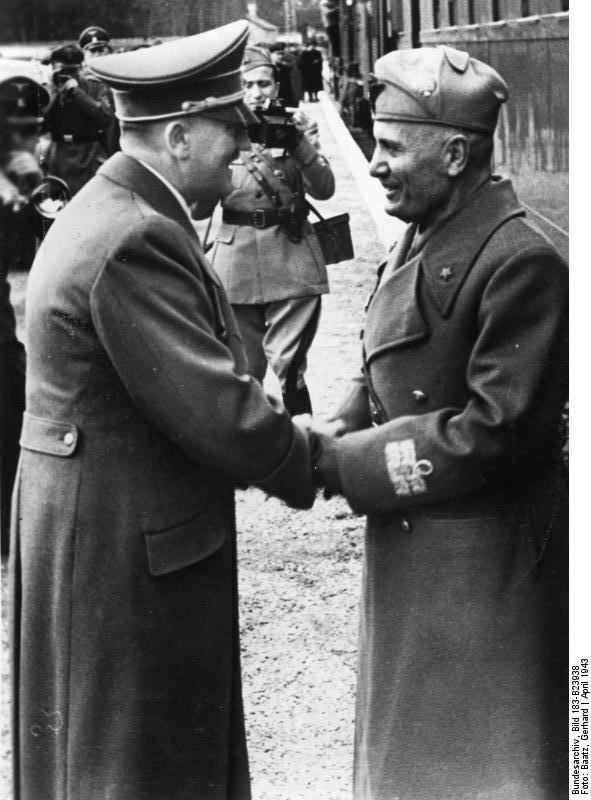 Adolf Hitler and Benito Mussolini, near Salzburg, Austria, 7 Apr 1943