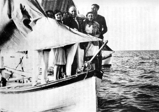 Benito Mussolini and family aboard a yacht at Riccione, Italy, 1933