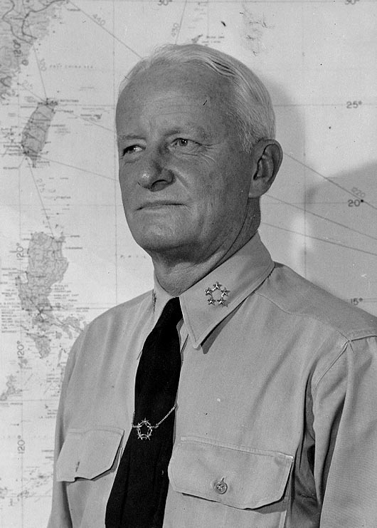 Portrait of US Navy Fleet Admiral Chester Nimitz at his office in Guam, Mariana Islands, circa 16-19 Dec 1944; note five-star tie clasp, which was a gift to him