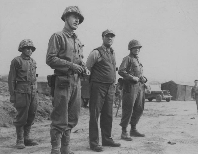 Major General O. P. Smith, Major General Gerald Thomas, and Brigadier General Lewis Puller in Korea, 1951