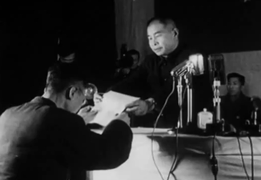 Puyi being released from the Fushun War Criminals Management Center re-education camp in Shenyang, Liaoning Province (formerly Mukden, Fengtien Province), northeastern China, 1959