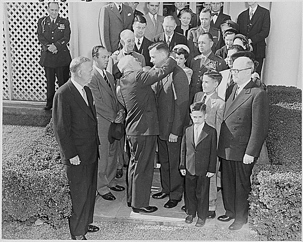 Truman presenting United States Marine Corps Reserve Colonel Justice M. Chambers with the Medal of Honor for heroism at Iwo Jima, 1 Nov 1950