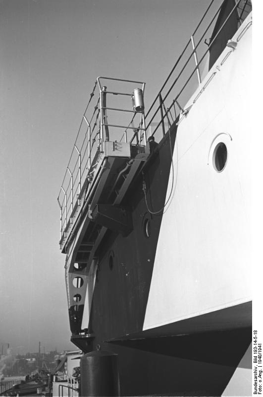 Close up view of battleship Bismarck's camouflaged superstructure, 1940-1941