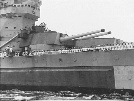 Crew of HMS Howe manning the rails, Sydney, Australia, 17 Dec 1944