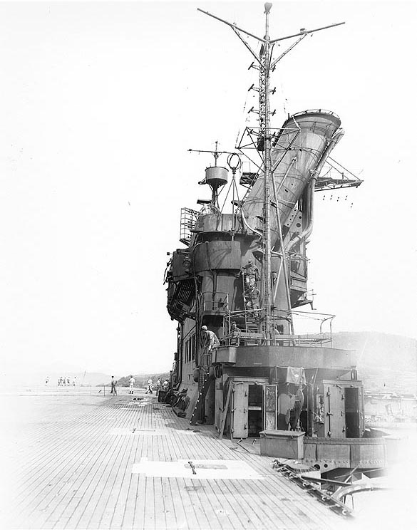 The island of carrier Junyo as viewed from the flight deck, Sasebo, Japan, 19 Oct 1945