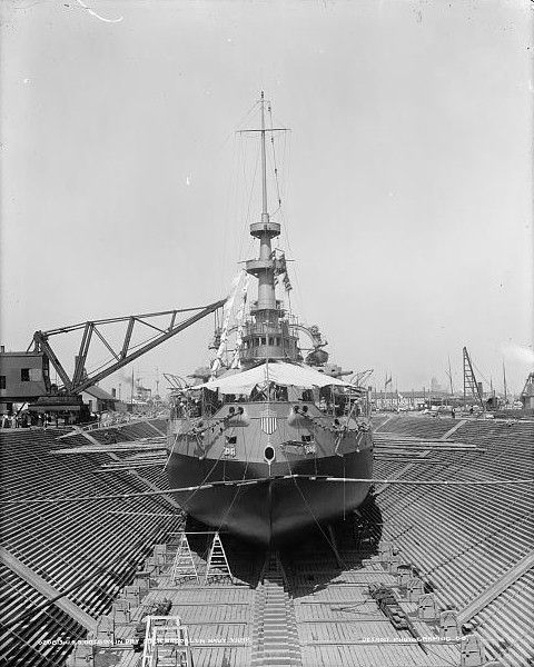 USS Oregon in drydock at New York Navy Yard, Brooklyn, New York, United States, Sep 1898