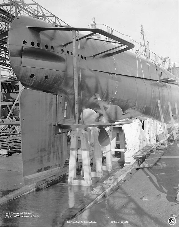 View of submarine Permit's stern, Groton, Connecticut, United States, 4 Oct 1936