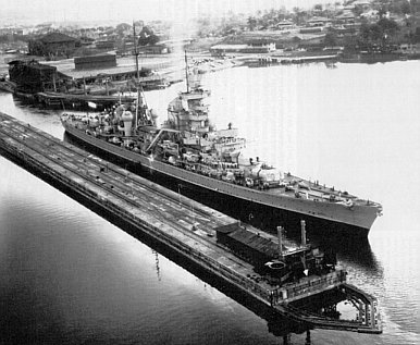 Captured German cruiser Prinz Eugen in the Panama Canal en route to Bikini Atoll, 1946