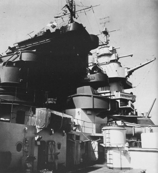 Close-up view of Richelieu's smokestack and superstructure, circa late 1943 or early 1944