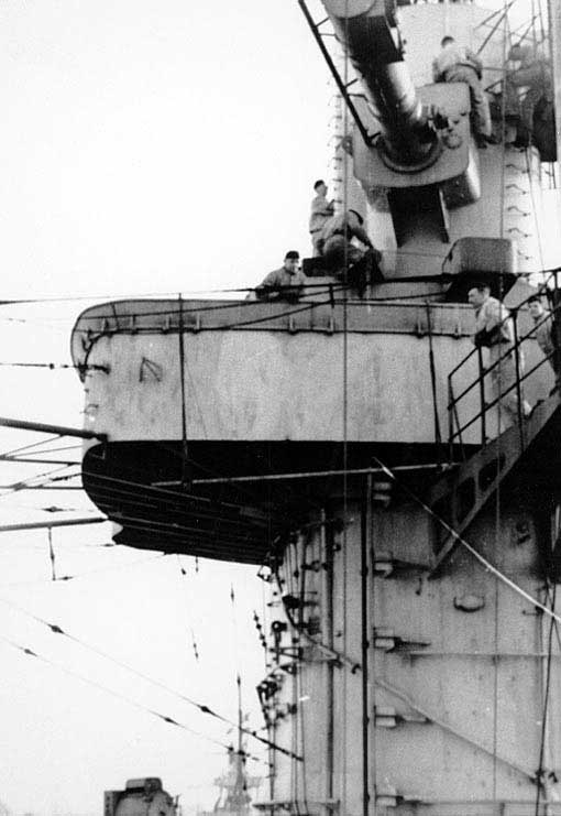 Close-up of Scharnhorst's control tower, viewed from aft of the tower, Kiel or Wilhelmshaven, Germany, winter 1939-1940