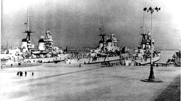 Italian cruisers Zara, Fiume, Pola, and Gorizia at Trieste, Italy, circa 1940s