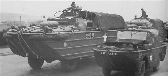 US Army DUKW alongside a GPA Sea Jeep, whose design was modeled after the DUKW but was not as successful, date unknown