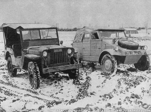 Willys MB Slat-Grille Jeep parked beside a Type 82 Kübelwagen, probably on the Eastern Front, date unknown