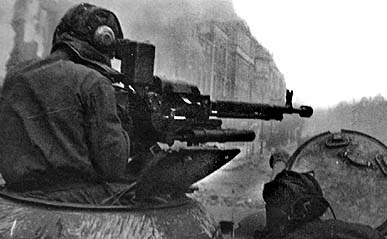 DShK M1938 heavy machine being used as a tank-mounted weapon by a Soviet soldier in Danzig, late Mar 1945