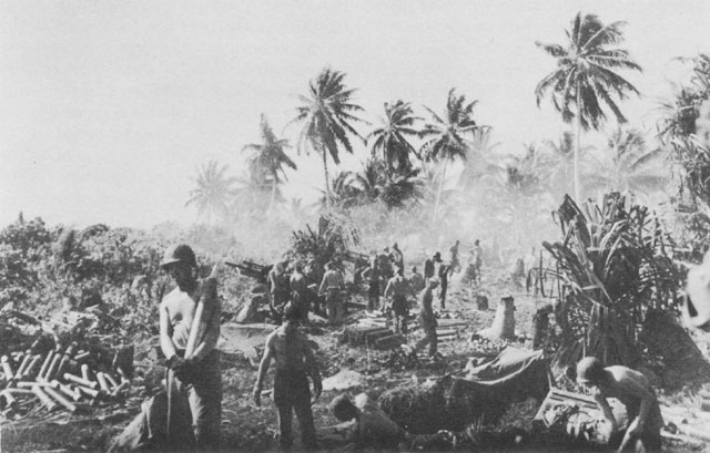 M2 Howitzers in action at Kwajalein, Marshall Islands, circa late Jan or early Feb 1944