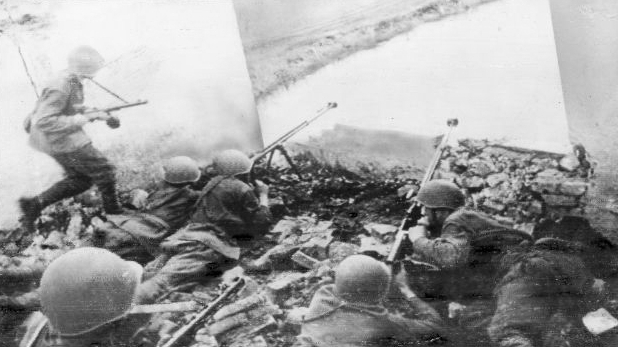 Two PTRS-41 anti-tank rifles in action in Belgrade, Serbia, Yugoslavia, late Oct 1944; note Russian soldiers nearby with PPSh-41 submachine guns