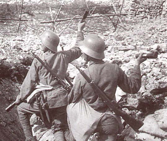 Austrian soldiers in WW1; note Steyr-Mannlicher M1895 rifles, grenades, and helmets