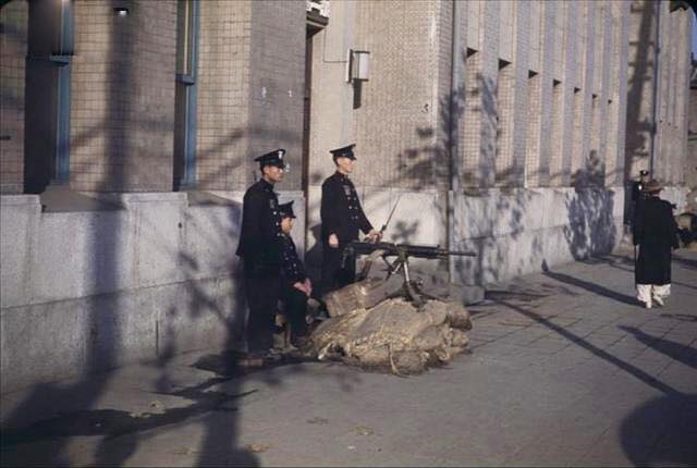 Korean military policemen with captured Japanese Type 92 machine gun, Seoul, Korea, late 1940s